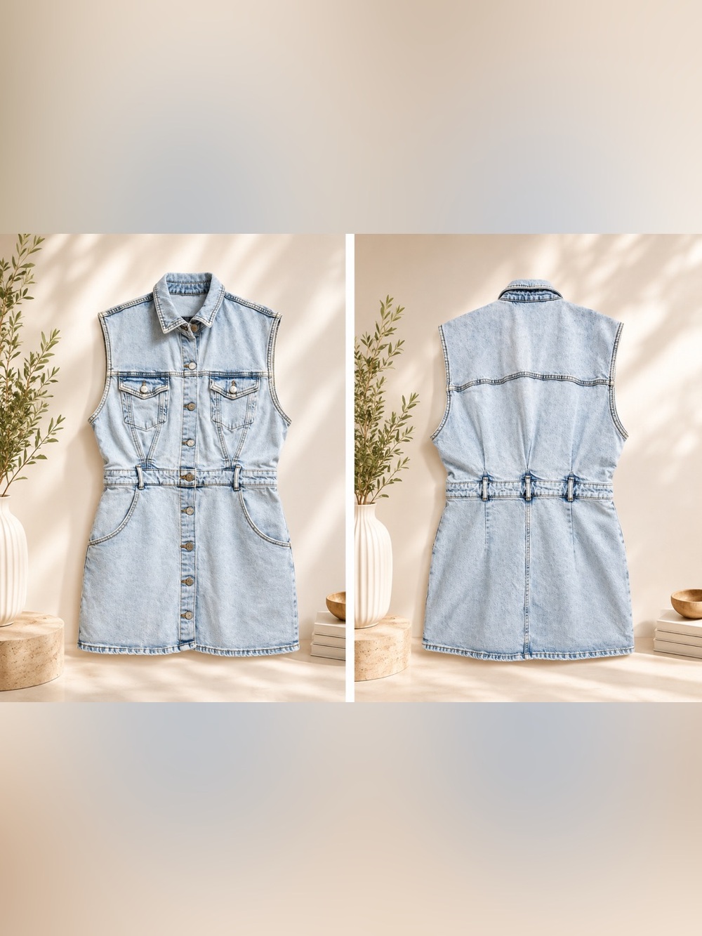 ✨ ZARA Light Wash Denim Vest Mini Dress | Size L | Button Front Sleeveless 👗